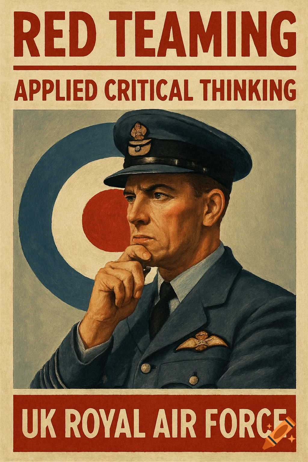 A vintage-style poster features a thoughtful British Royal Air Force officer in uniform against an RAF roundel. Text reads 'RED TEAMING', 'APPLIED CRITICAL THINKING', and 'UK ROYAL AIR FORCE'.