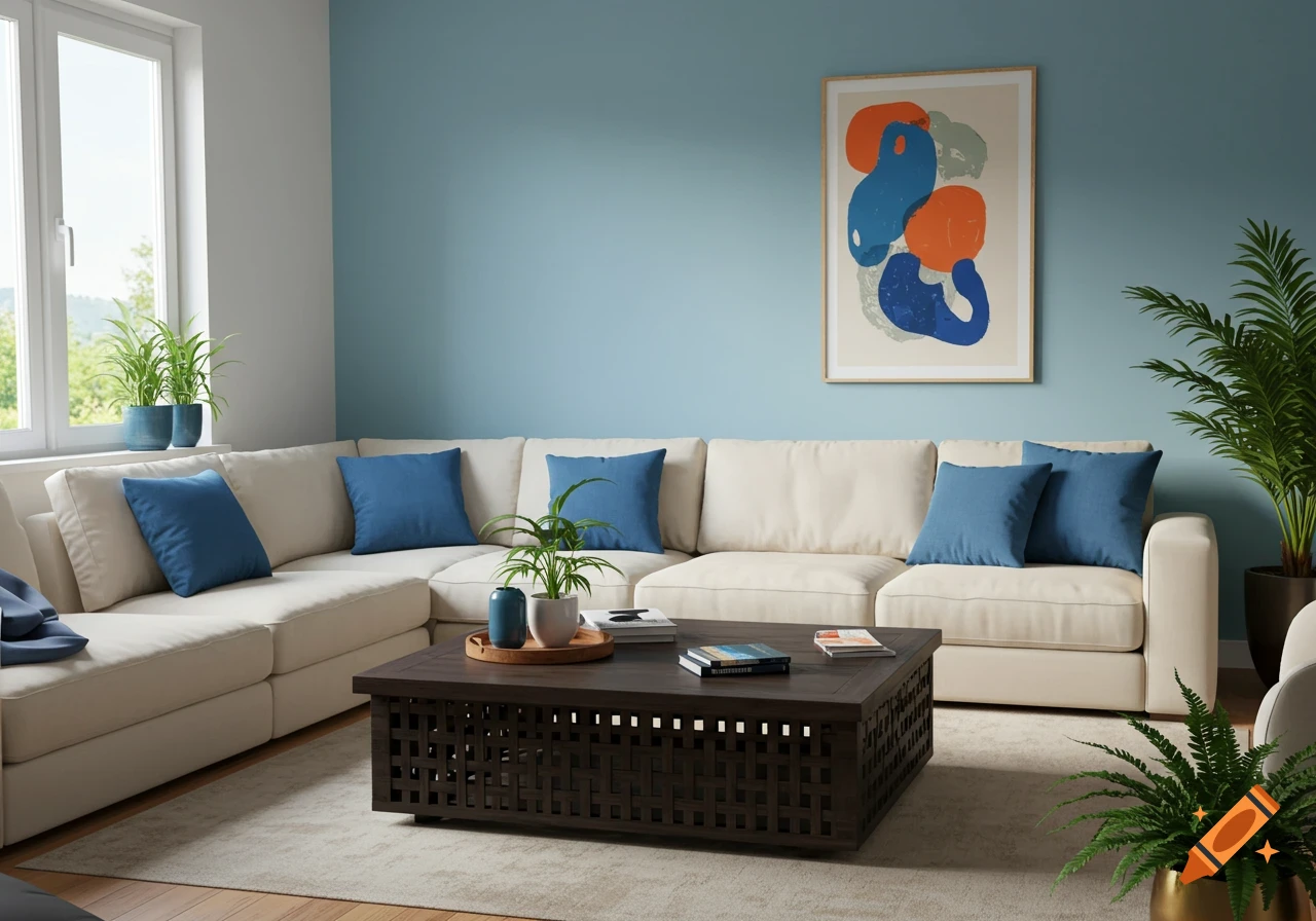 A modern living room with a cream sectional sofa, blue throw pillows, a dark wood coffee table, and plants, set against a light blue wall.