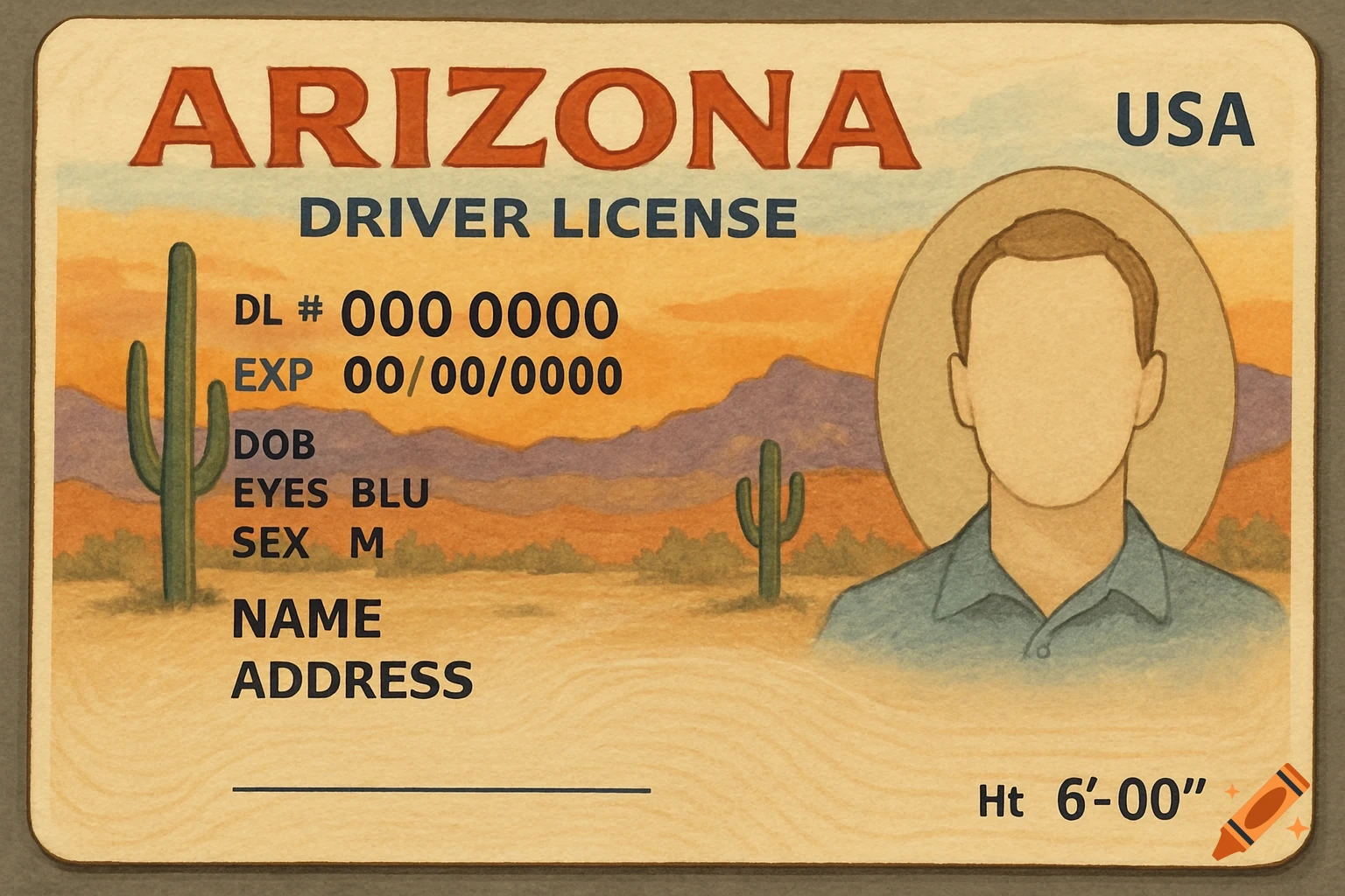 A stylized illustration of an Arizona driver's license featuring placeholder text, a blank portrait, and a desert landscape background.