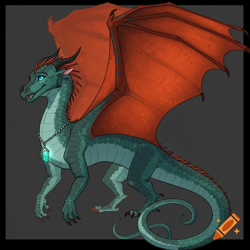 A blue-green dragon with orange-red wings, bright blue eyes, and a raw tourmaline crystal necklace, in graphic novel style.