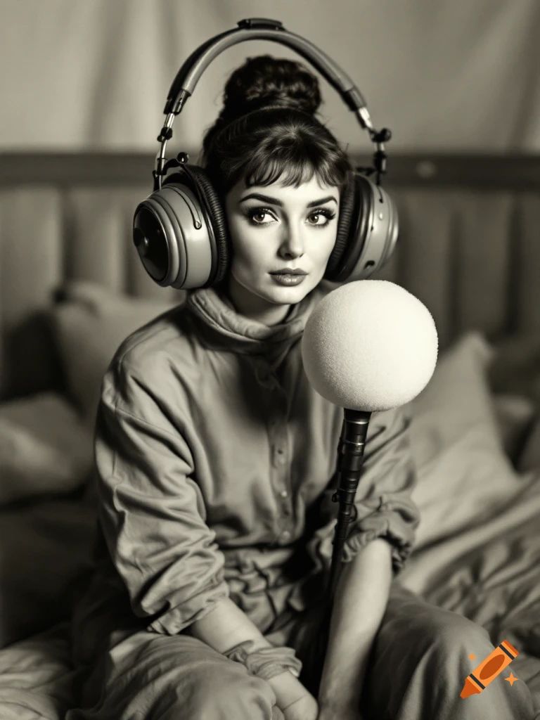 Black and white portrait of Audrey Hepburn sitting on a bed, wearing oversized headphones and next to a large foam microphone.