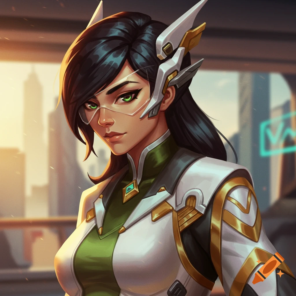 An illustrated close-up of a female character with dark hair, green eyes, and futuristic white and gold armor, set against a blurred city background.