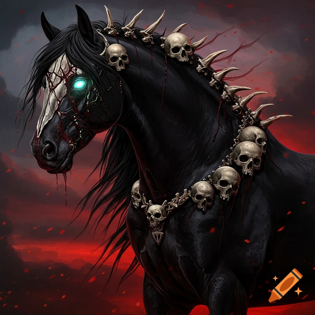 A black horse with a skull-like face, glowing blue eyes, and adorned with skulls and bones, set against a fiery red background in a graphic horror style.
