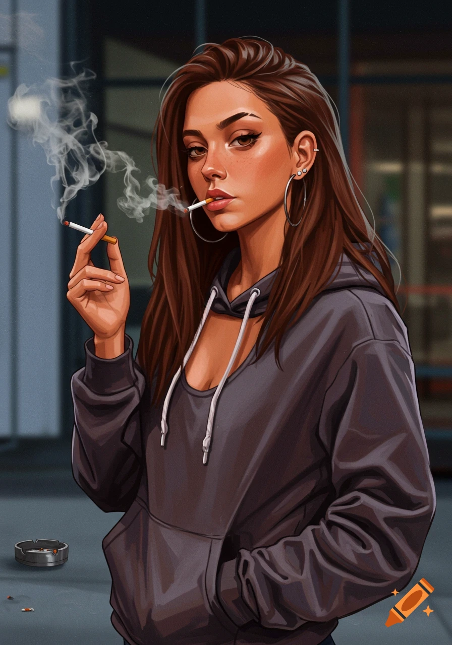 A confident young woman with long brown hair, wearing a grey hoodie and hoop earrings, exhales smoke from a cigarette in a digital art style.