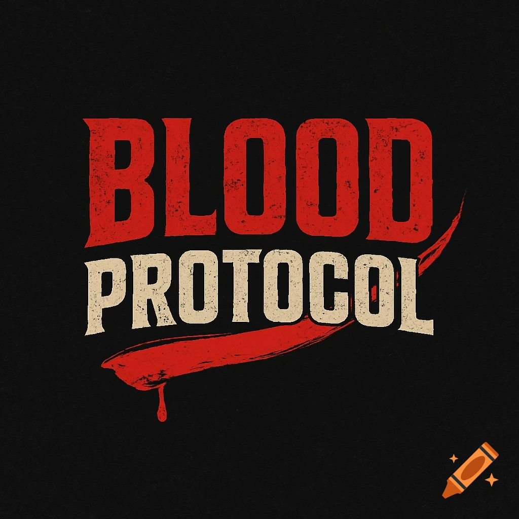 Stylized logo for 'Blood Protocol' with distressed red and beige text and a blood-like brushstroke on a black background.