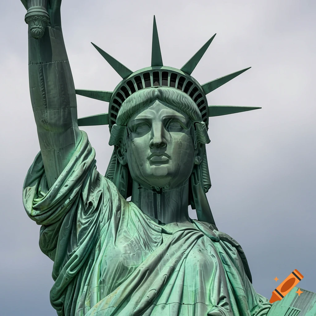 A close-up, photorealistic view of the Statue of Liberty's head and upper torso, cast in its iconic green copper patina against a cloudy sky.