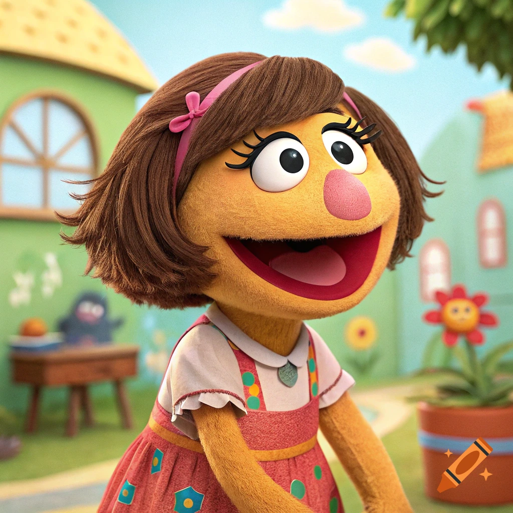 A friendly, furry orange Muppet-like character with brown hair and a pink headband, wearing a polka-dot dress, smiles outdoors in a colorful, sunny setting.