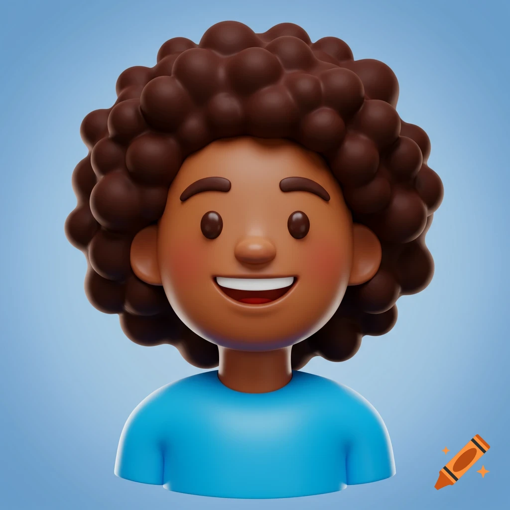 Smiling 3D cartoon bust of a person with dark skin and curly afro hair wearing a blue shirt against a blue background.