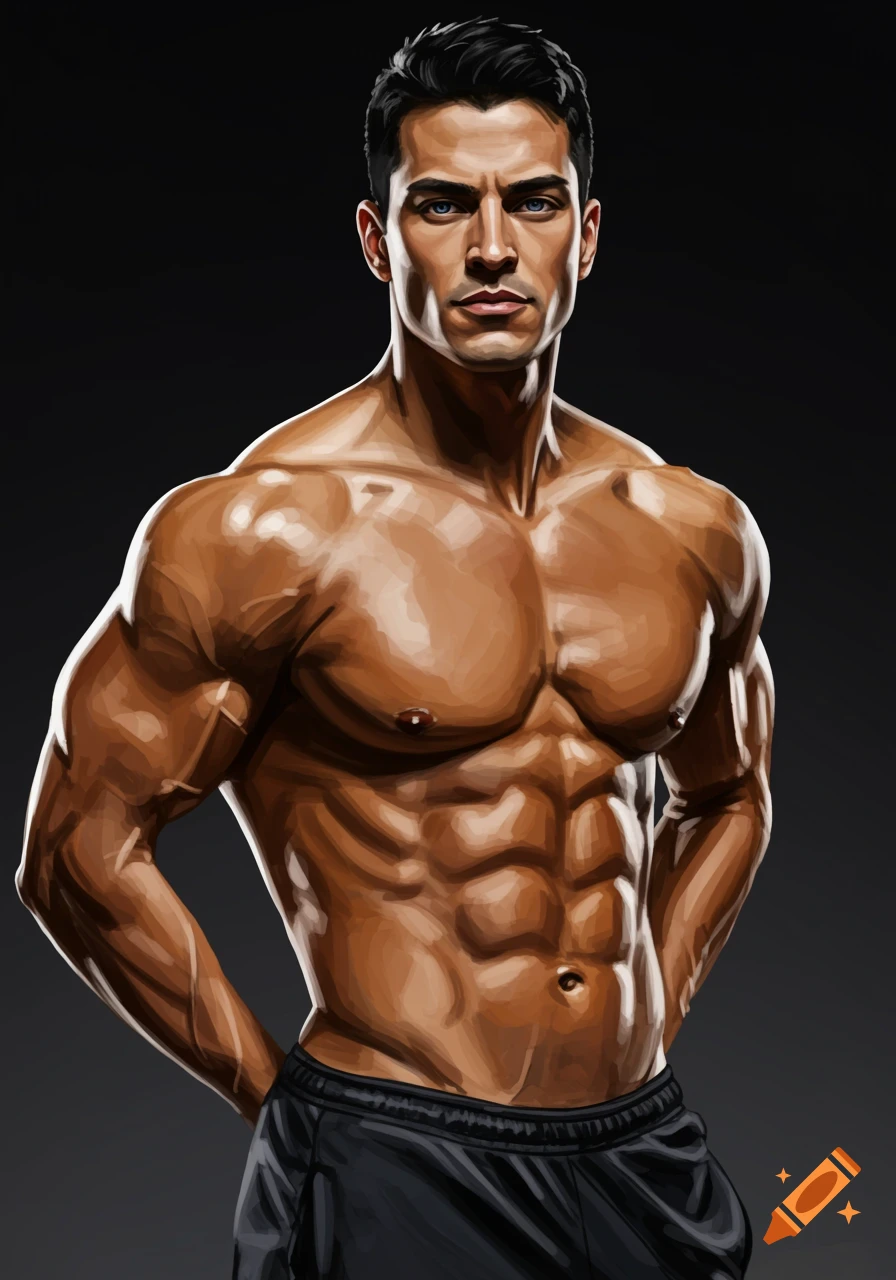 An illustrative portrait of a very muscular man with dark hair and blue eyes, shirtless and wearing black shorts, against a dark background.