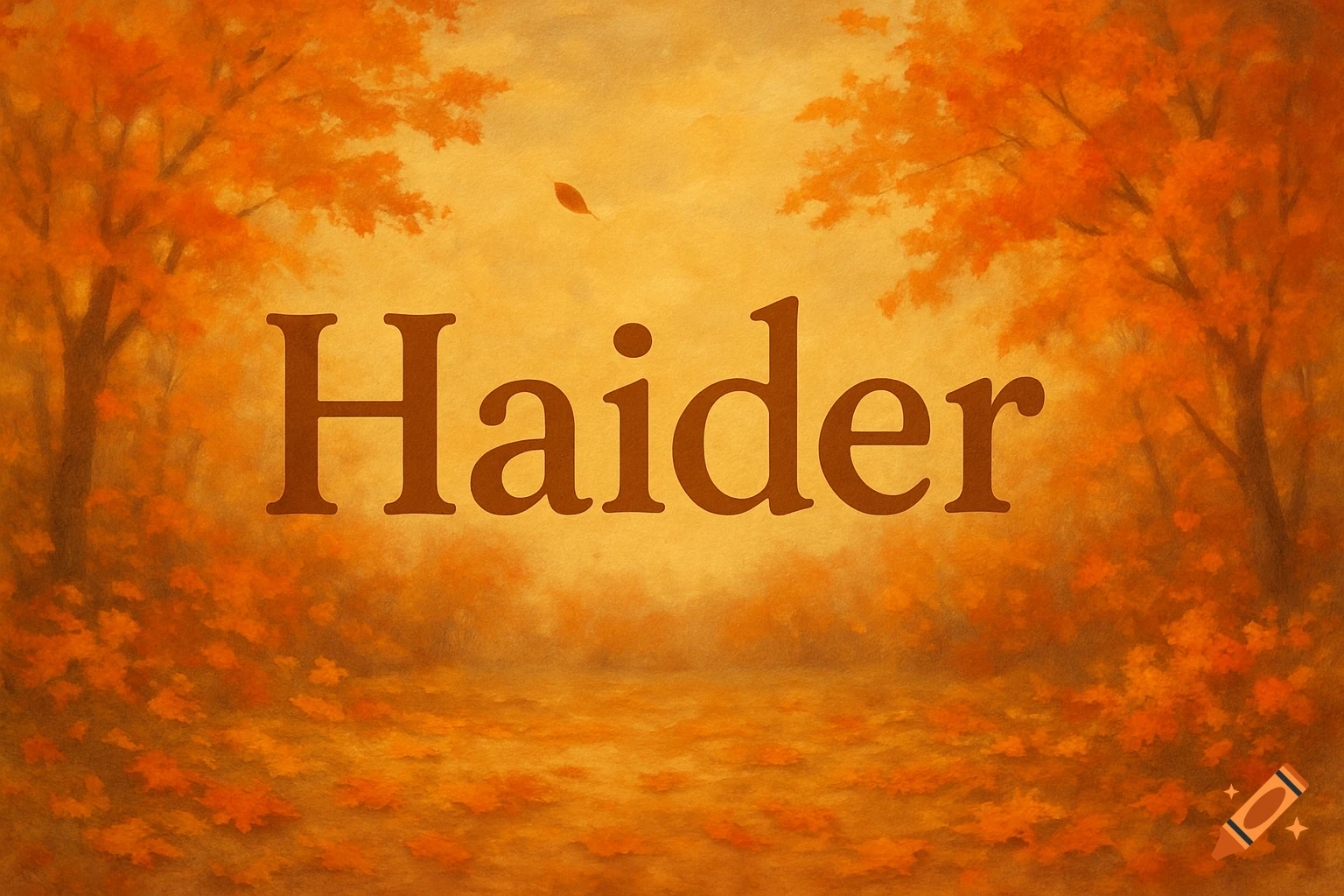 Autumn-themed wallpaper with orange trees and fallen leaves, featuring the name 'Haider' in the center.