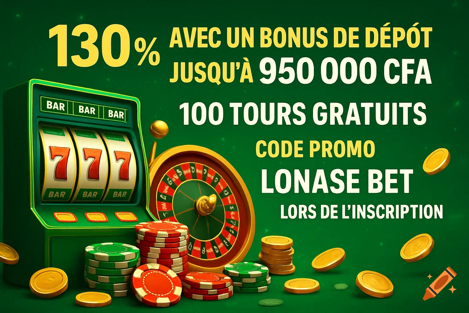 A vibrant green casino promotional banner with a slot machine, roulette wheel, poker chips, gold coins, and French text about a bonus.