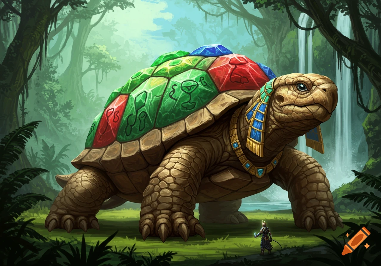 A gigantic tortoise with a gem-studded shell and Egyptian jewelry stands in a lush jungle with a waterfall, a tiny warrior looks up at it.