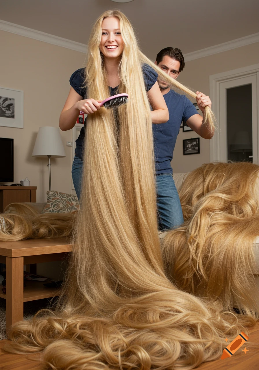 A smiling woman with extremely long blonde hair, holding a brush, while a man behind her holds a strand of her hair in a living room filled with more hair.