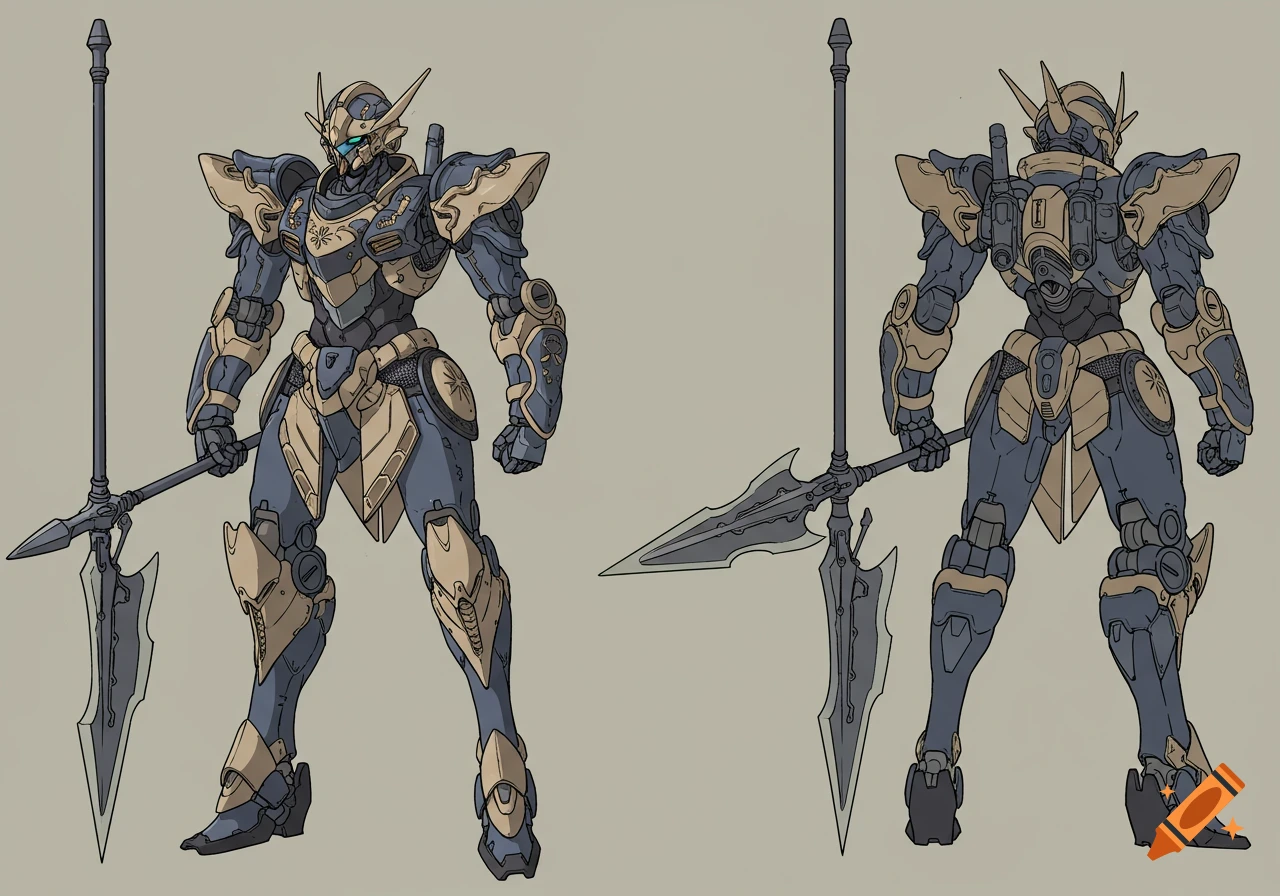 Front and back views of a medieval-inspired mecha holding a spear, rendered in clean line art with flat blue and tan colors.