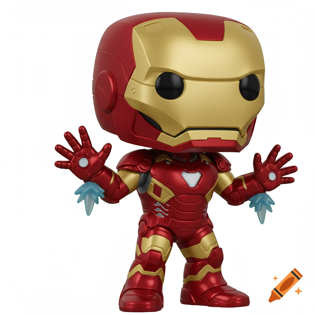 A Funko Pop figure of Iron Man in his red and gold suit, with repulsor blasts emanating from his open palms.