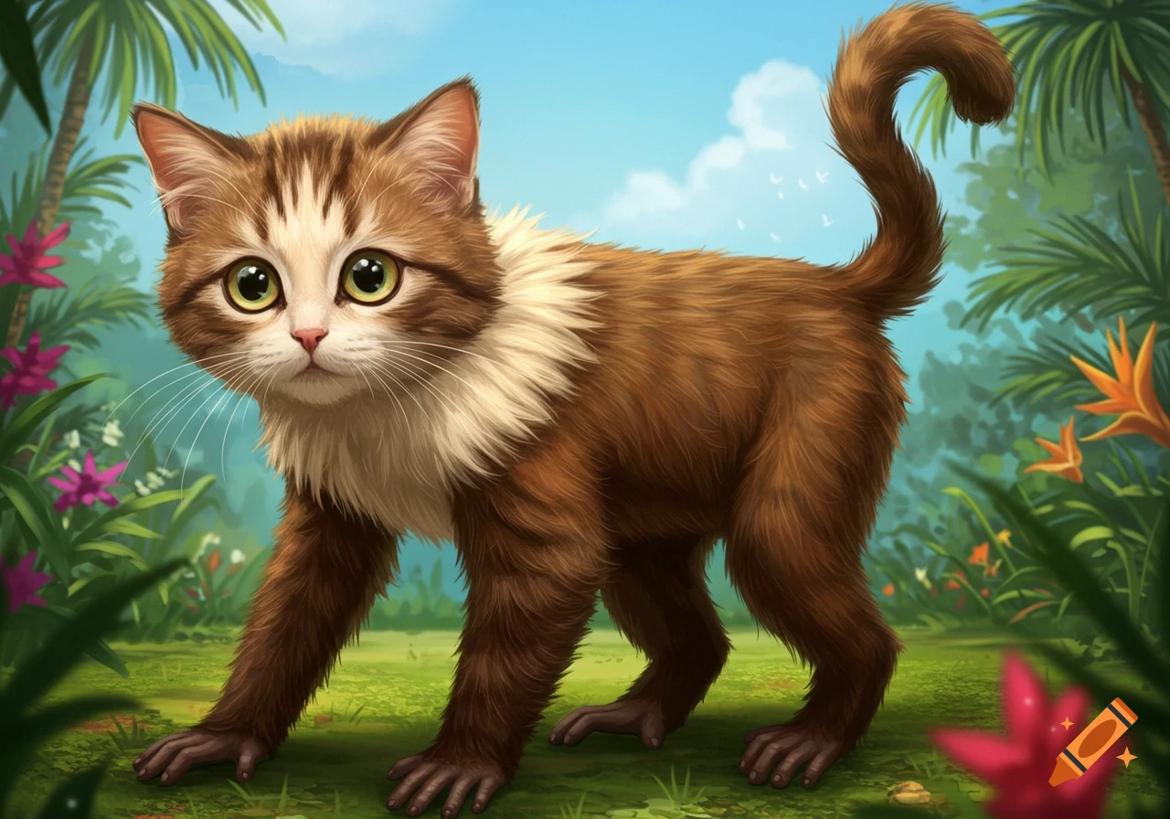 A cute brown and white cat-monkey chimera with large green eyes stands in a vibrant tropical jungle setting.