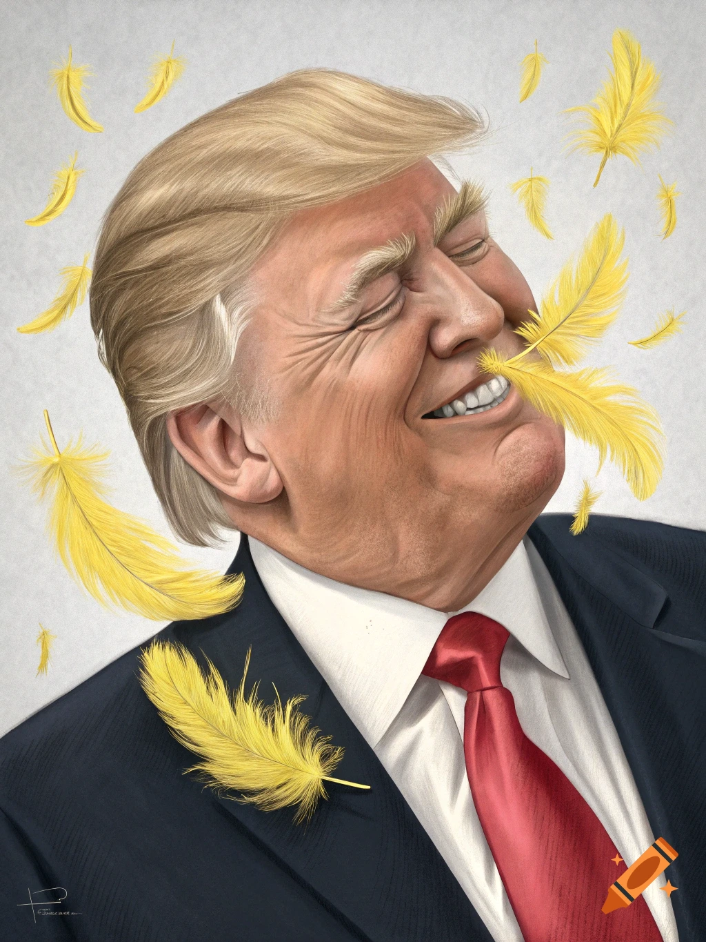 Caricature of Donald Trump laughing with eyes closed as yellow feathers float around him and tickle his nose.