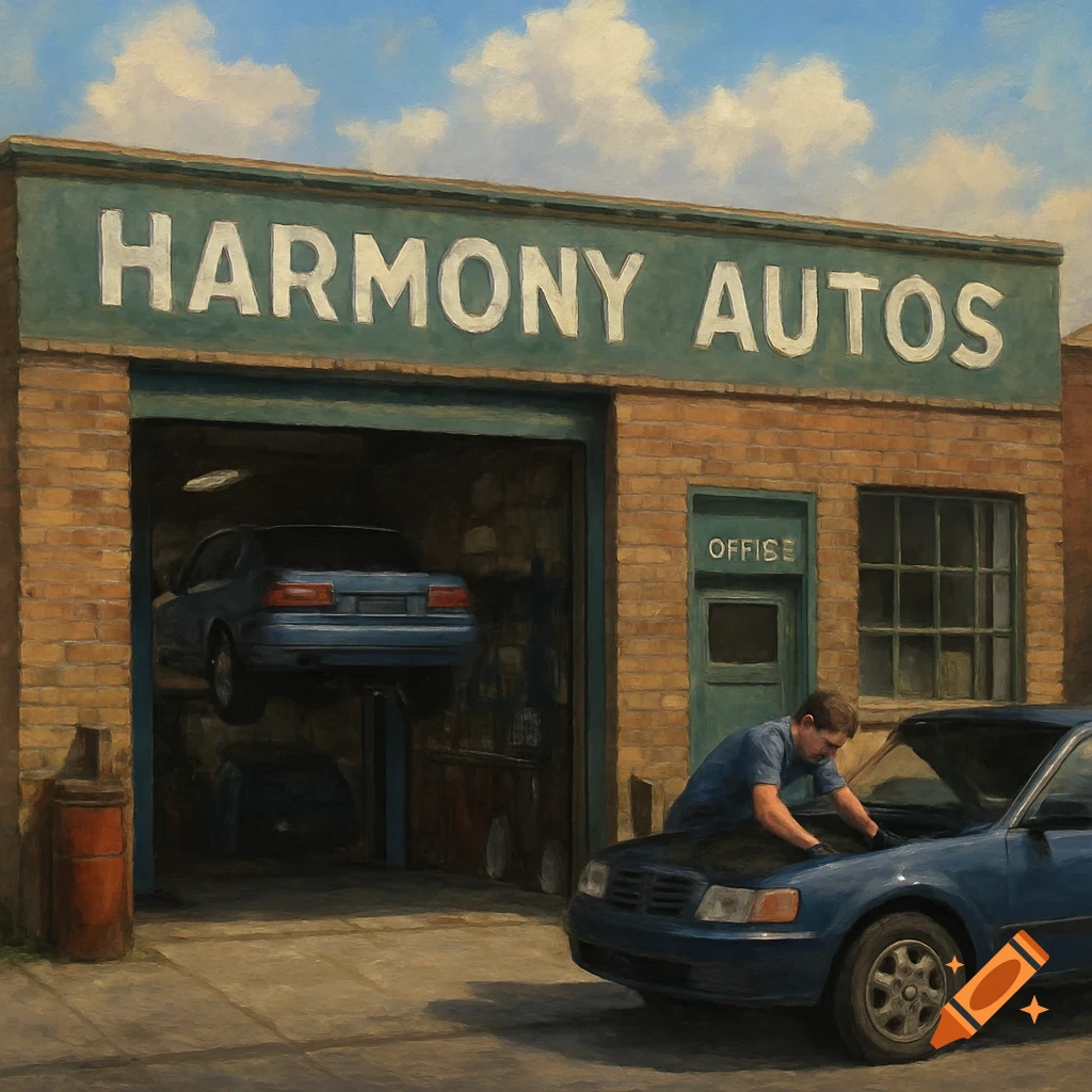 A man works on a blue car outside a brick mechanic shop with a sign reading 'HARMONY AUTOS' and another car lifted inside.
