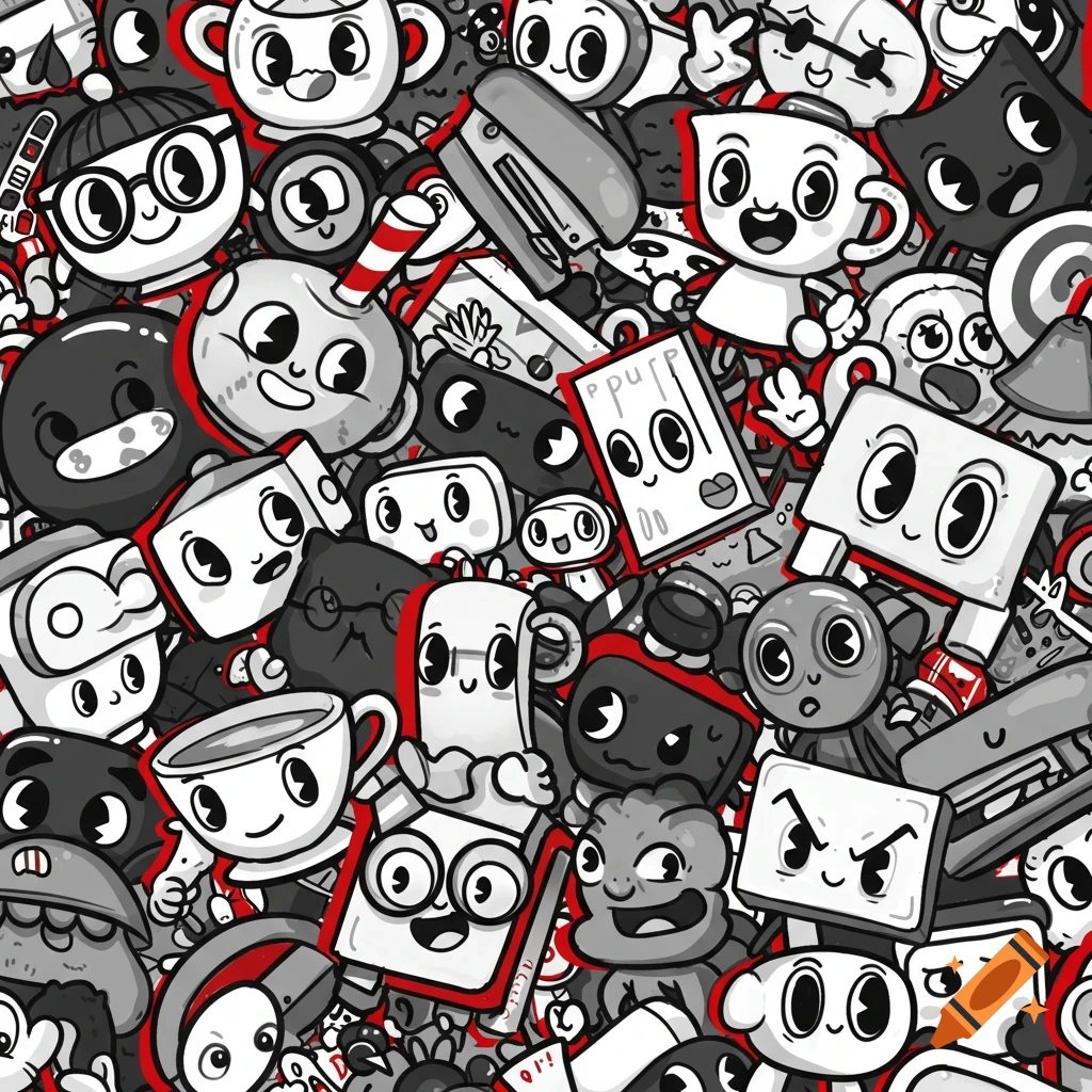 Seamless pattern of overlapping black and white cartoon anthropomorphic objects with red outlines.
