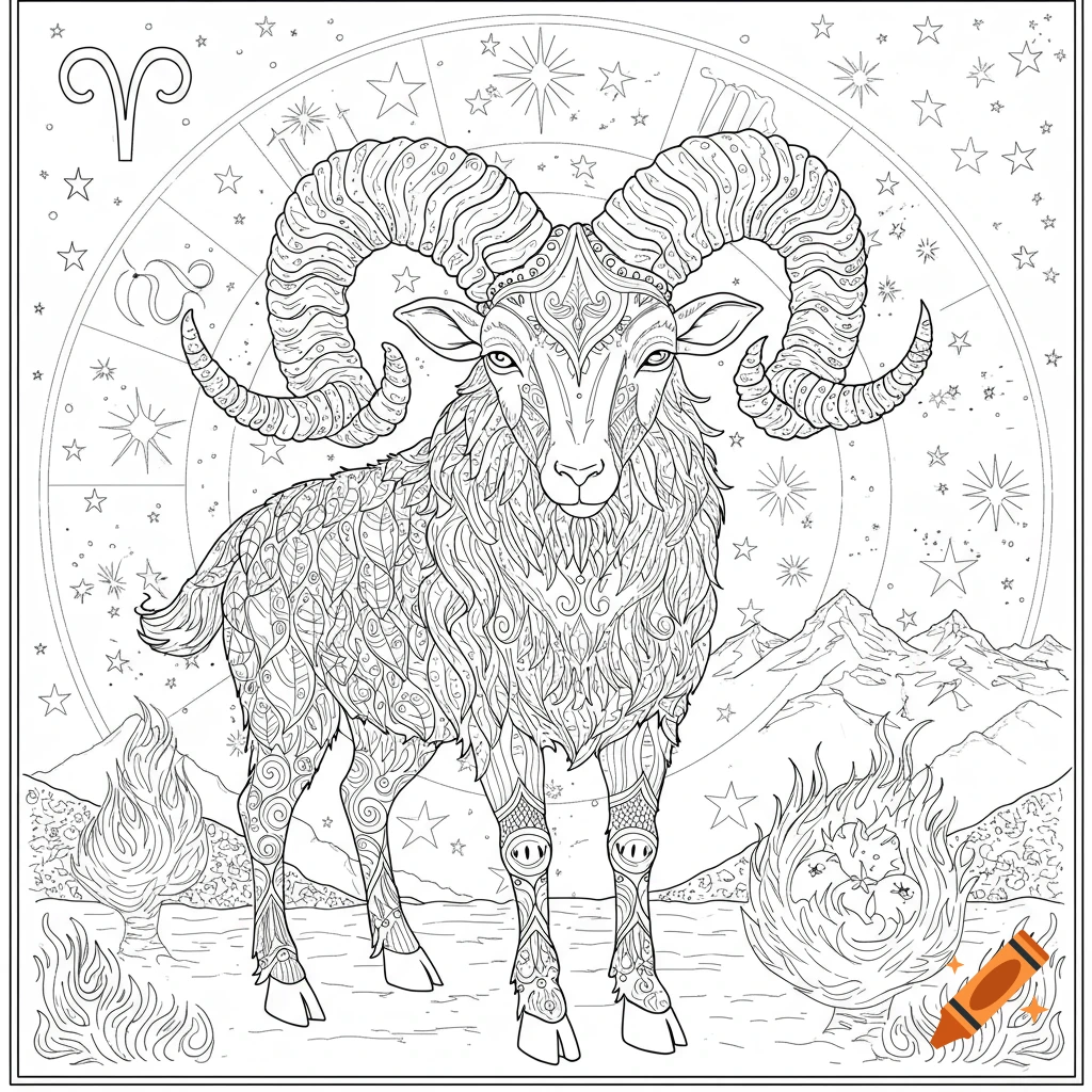 Black-and-white coloring book line art of an ornate celestial ram with swirling horns, surrounded by stars, flames, and mountains, with the Aries zodiac symbol.