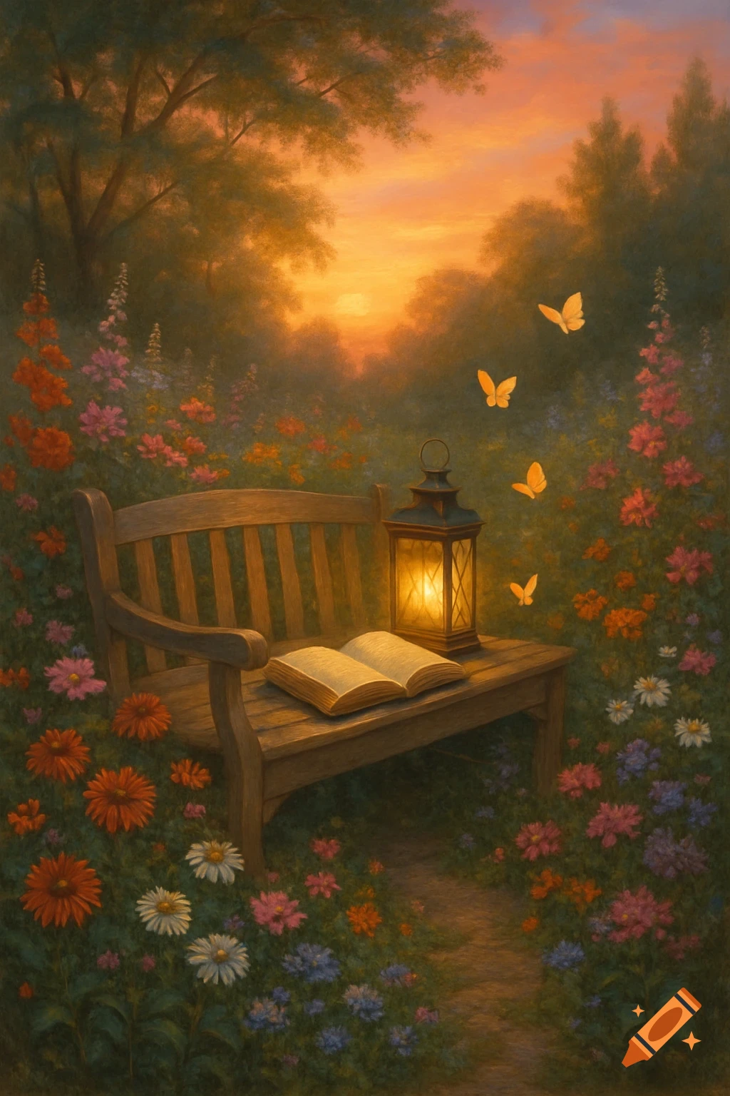 A vibrant garden at sunset with a wooden bench, open book, and glowing lantern, surrounded by colorful flowers and butterflies.