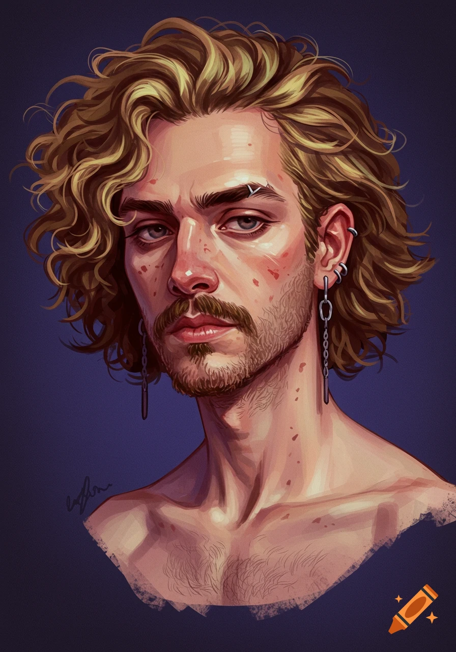 Digital illustration portrait of an androgynous person with curly dirty blonde hair, a scruffy beard, and multiple piercings including dangling chain earrings, against a dark blue background.