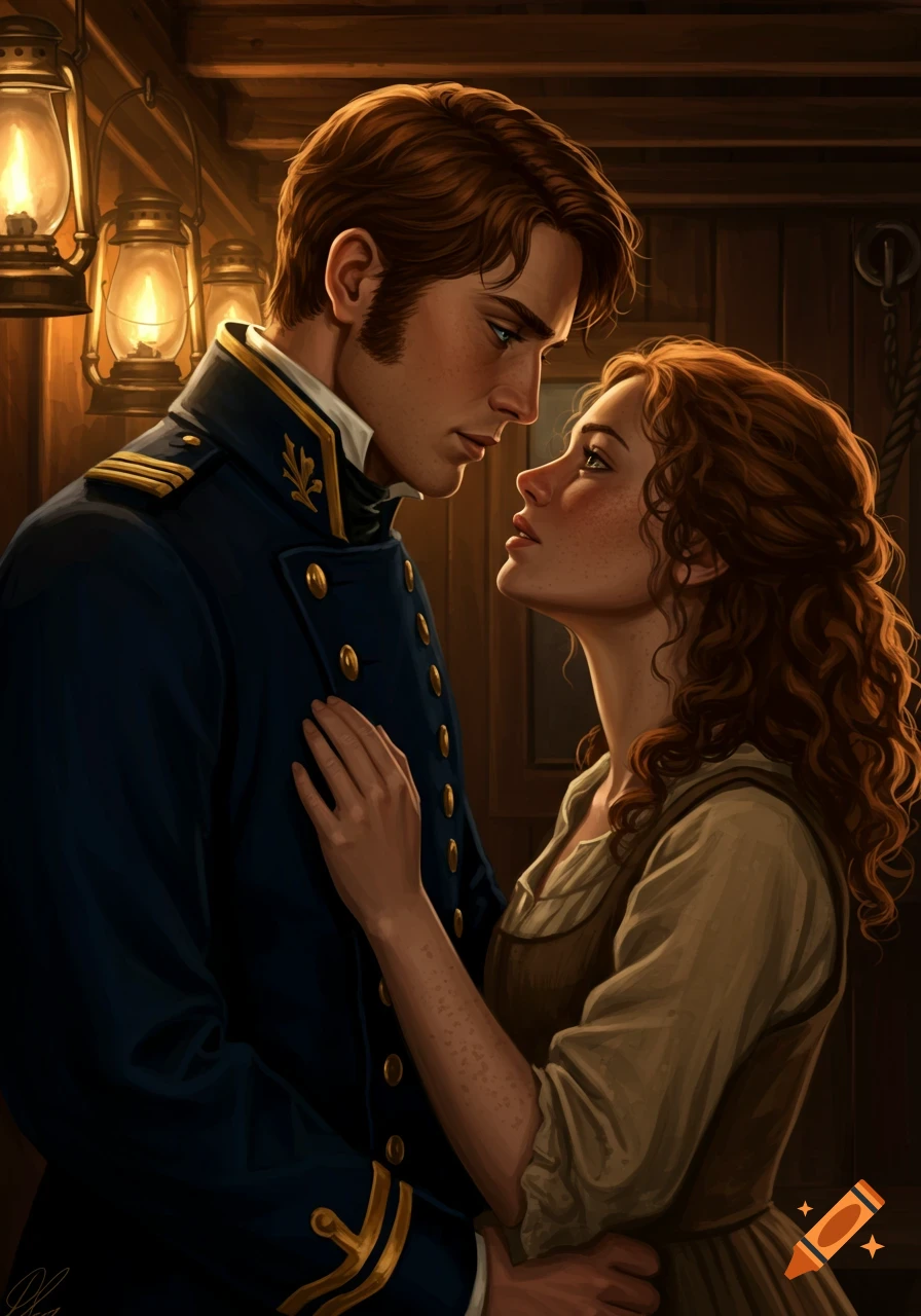Painterly image of a sea captain and a woman in a ship cabin, leaning close, eyes locked in a romantic moment under lantern light.