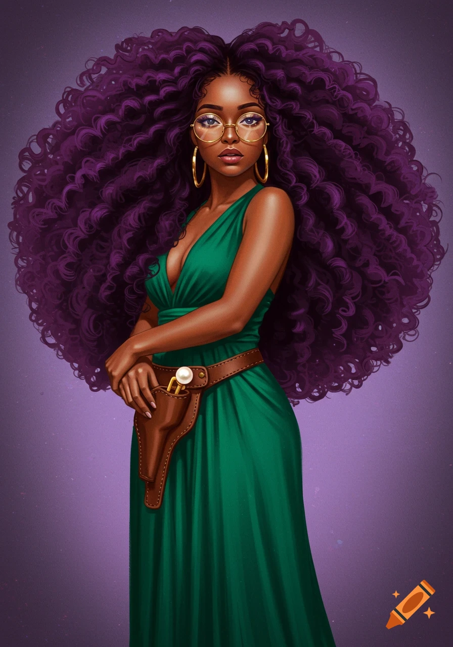 An illustrated portrait of a dark-skinned woman with massive purple curly hair, wearing a green gown and gold glasses, with a brown holster at her hip.