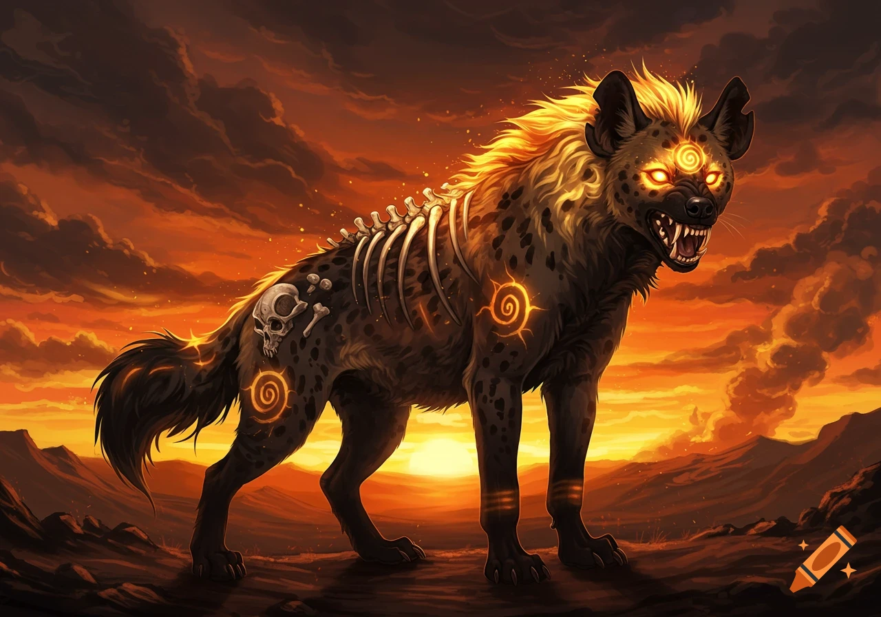 A fierce, dark fantasy hyena-like creature with glowing orange eyes, a fiery mane, skeletal spine, and skull marking, set against a fiery sunset.