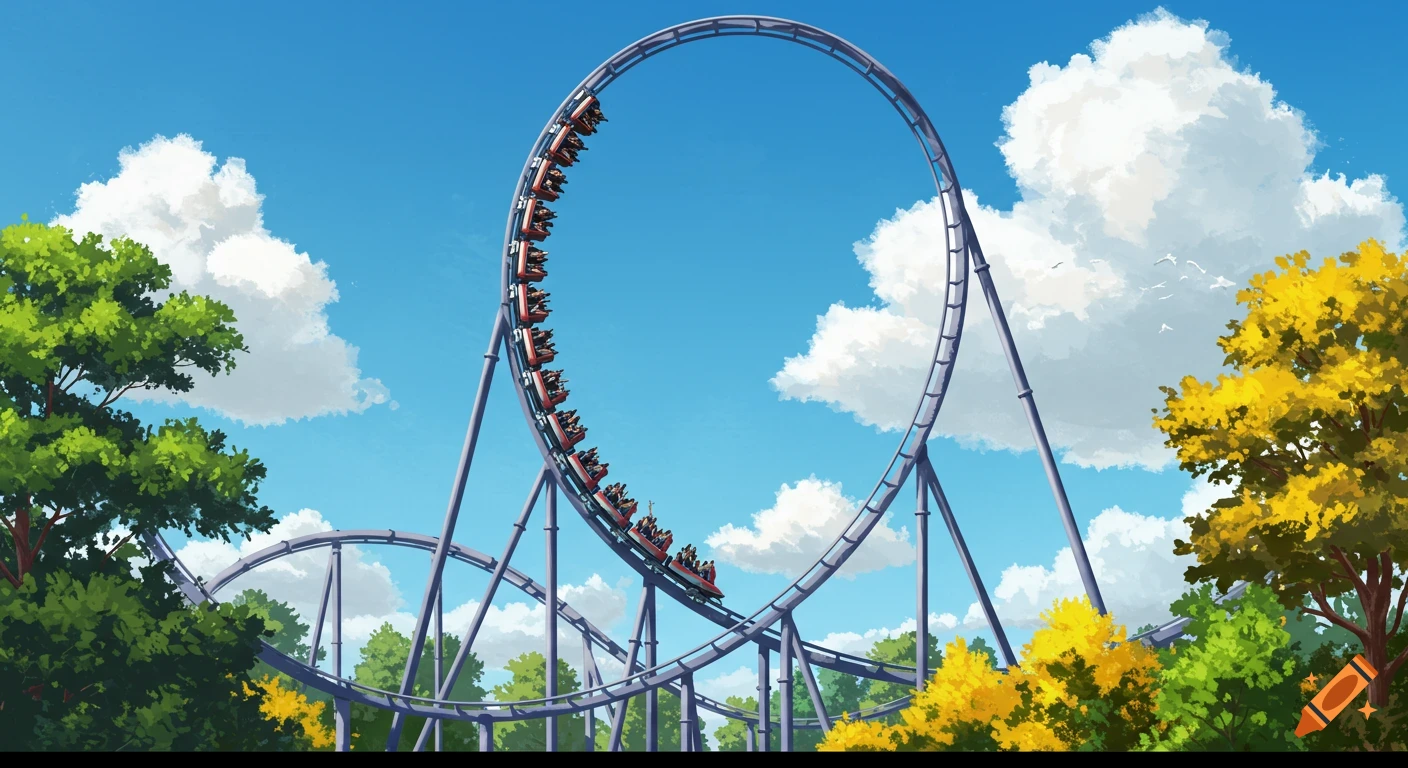 An illustrated roller coaster with a train full of people going through a large loop under a bright blue sky with white clouds, surrounded by green and yellow trees.