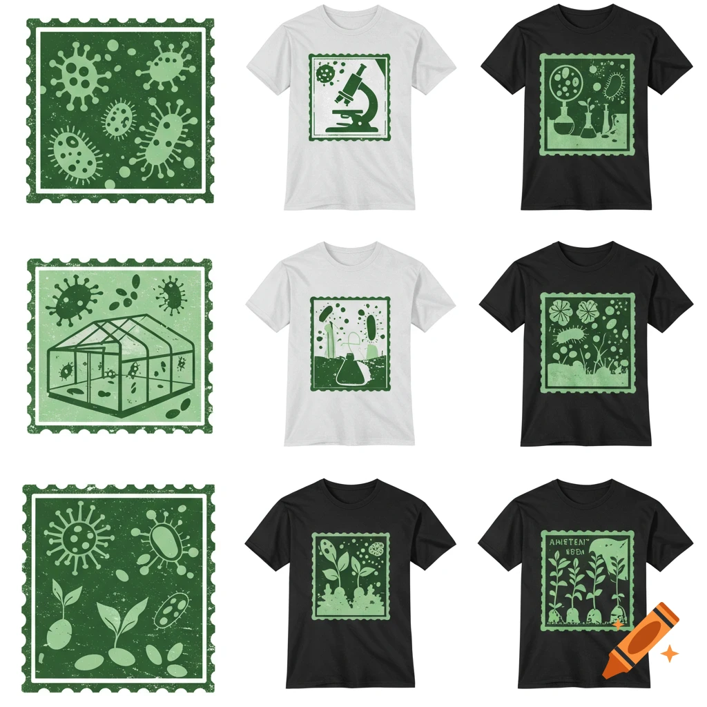 Grid of t-shirt mockups with green stamp designs featuring scientific themes like viruses, microscopes, greenhouses, and plants.