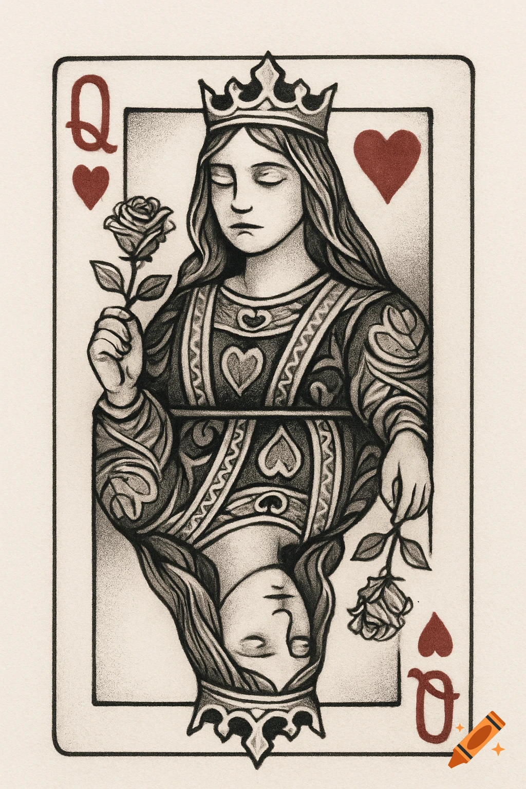 Stylized Queen of Hearts playing card illustration with stippling, featuring a crowned queen holding a rose.