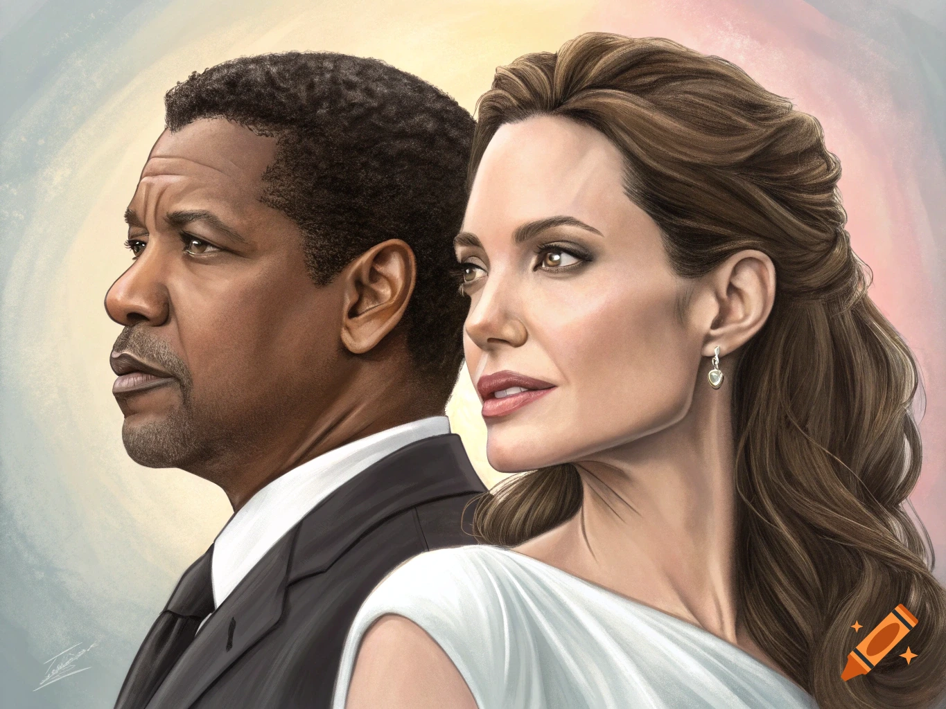 Digital painting of Denzel Washington and Angelina Jolie side-by-side, looking towards the right.