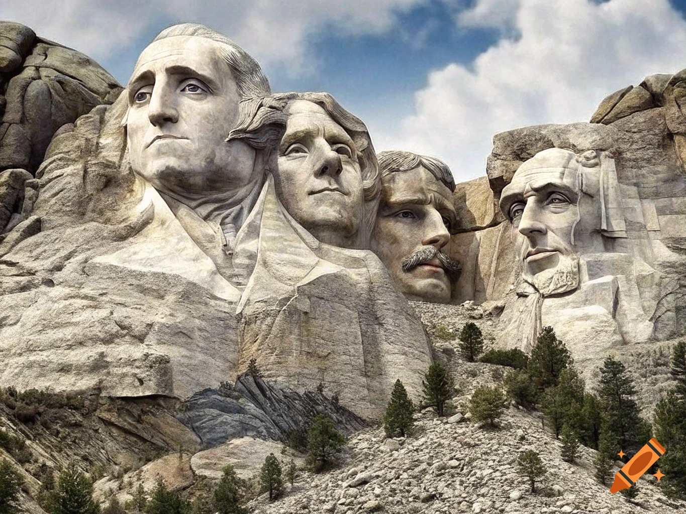 A close-up, high-angle shot of a colossal mountain carving resembling Mount Rushmore, depicting the heads of four historical figures carved into light-colored rock. Pine trees dot the rocky terrain below the monument, and a partly cloudy sky is visible above.