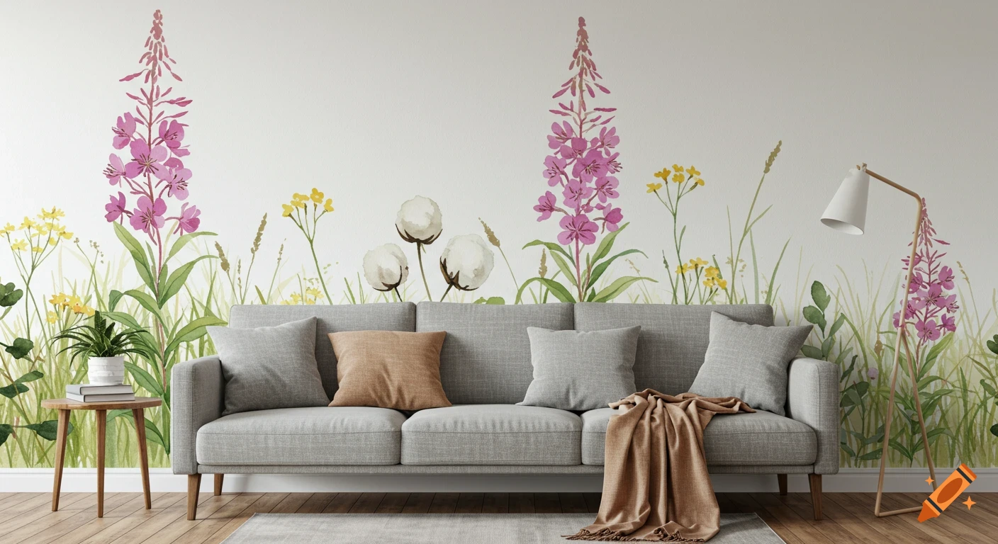 A living room with a gray couch against a white wall with watercolor wallpaper featuring pink Fireweed and white Bog Cotton plants.