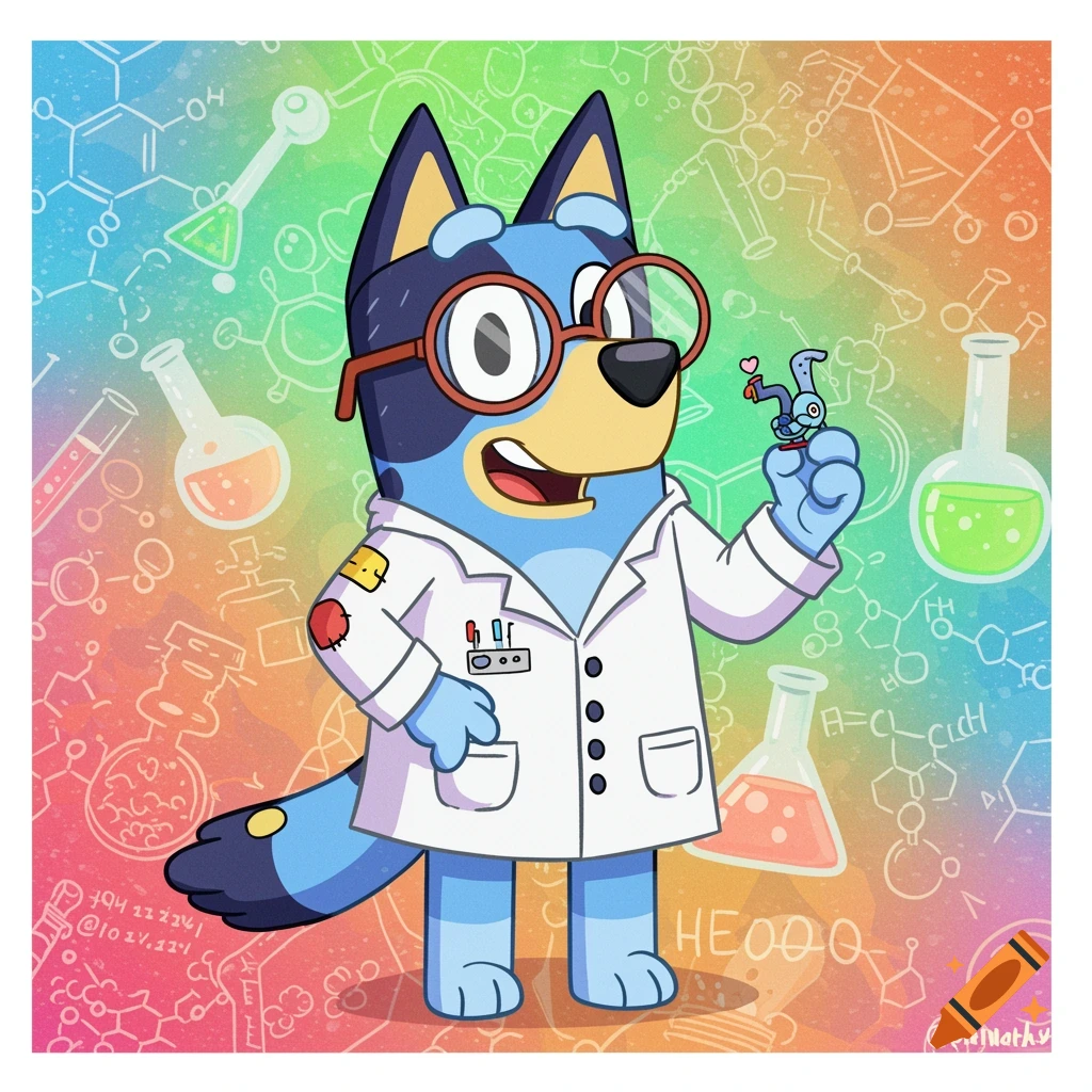 Cartoon illustration of Bluey, a blue dog in a lab coat and glasses, holding a tool against a rainbow science background.