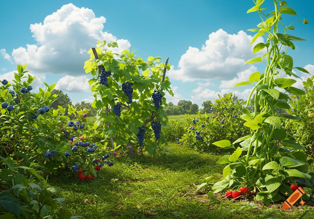A photorealistic image of a sunny garden with blueberry bushes, grapevines, a beanstalk, and strawberries.