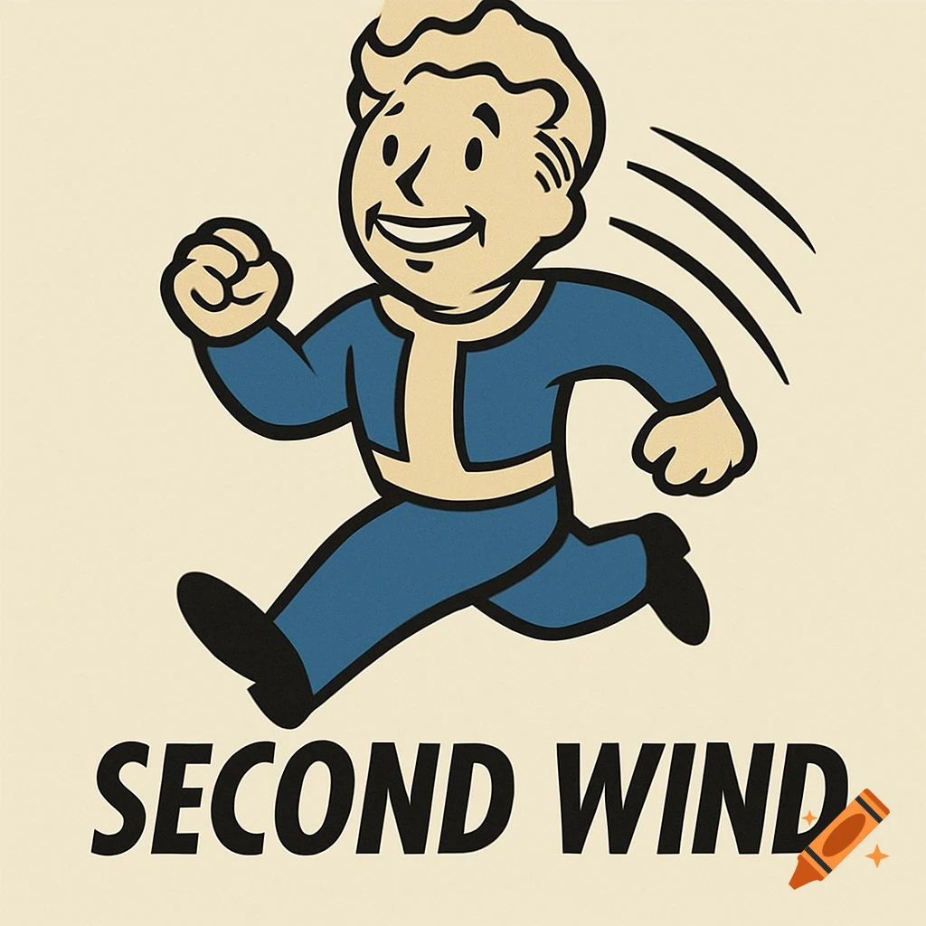 A cartoon illustration of Vault Boy from Fallout running, with the text "SECOND WIND" below him.