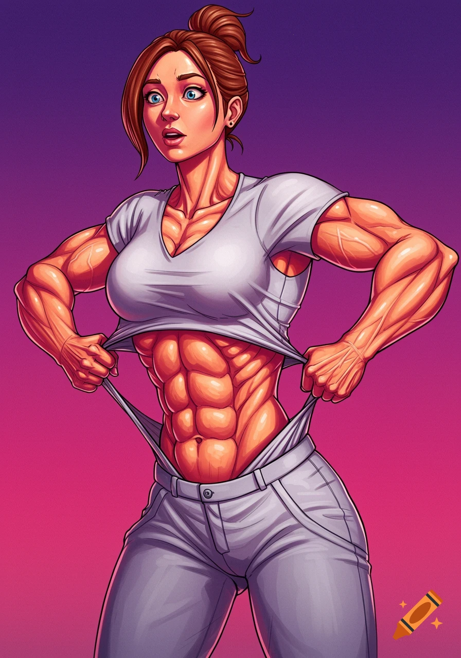 A muscular woman in a white t-shirt and light grey pants pulls up her shirt to reveal her abs, rendered in a vibrant comic art style.