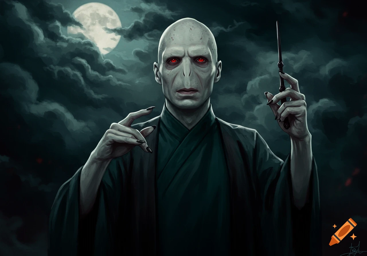 An illustration of Voldemort with pale skin, red eyes, and dark robes, holding a wand under a full moon in a cloudy, dark sky.