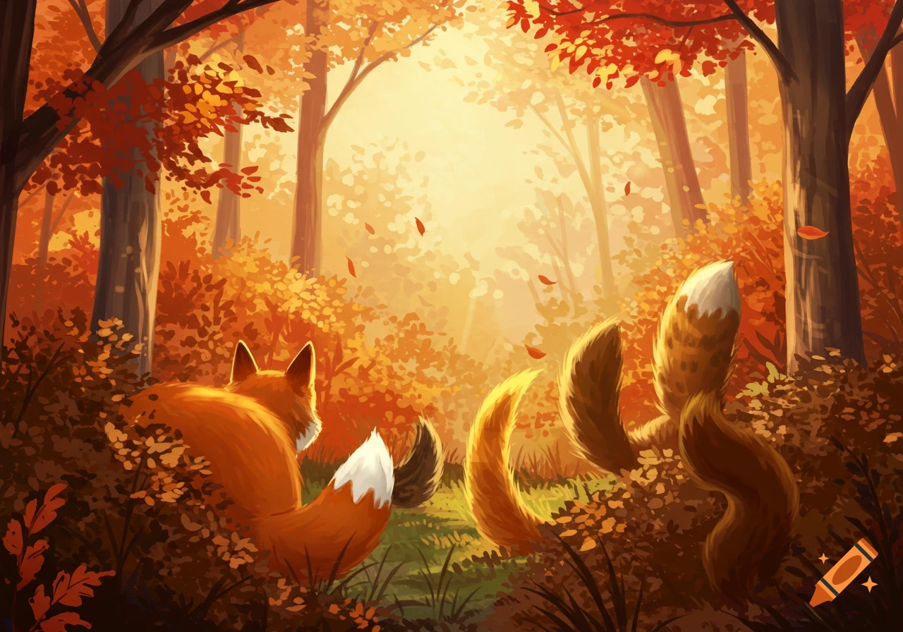 An illustrative view of several fox tails visible amidst vibrant orange and red autumn foliage in a sunlit forest.