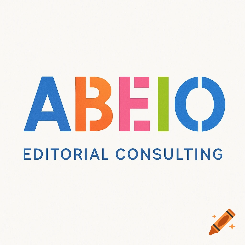 Logo for Abeio Editorial Consulting with colorful stencil letters for "ABEIO" and blue text "EDITORIAL CONSULTING" below.