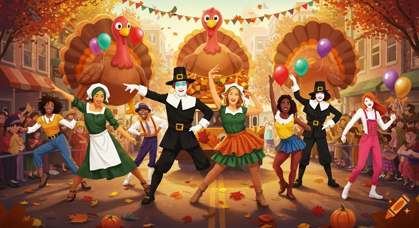 A festive Thanksgiving Day parade with dancers in pilgrim and vibrant costumes, surrounded by large turkey floats and cheering crowds on an autumn street.