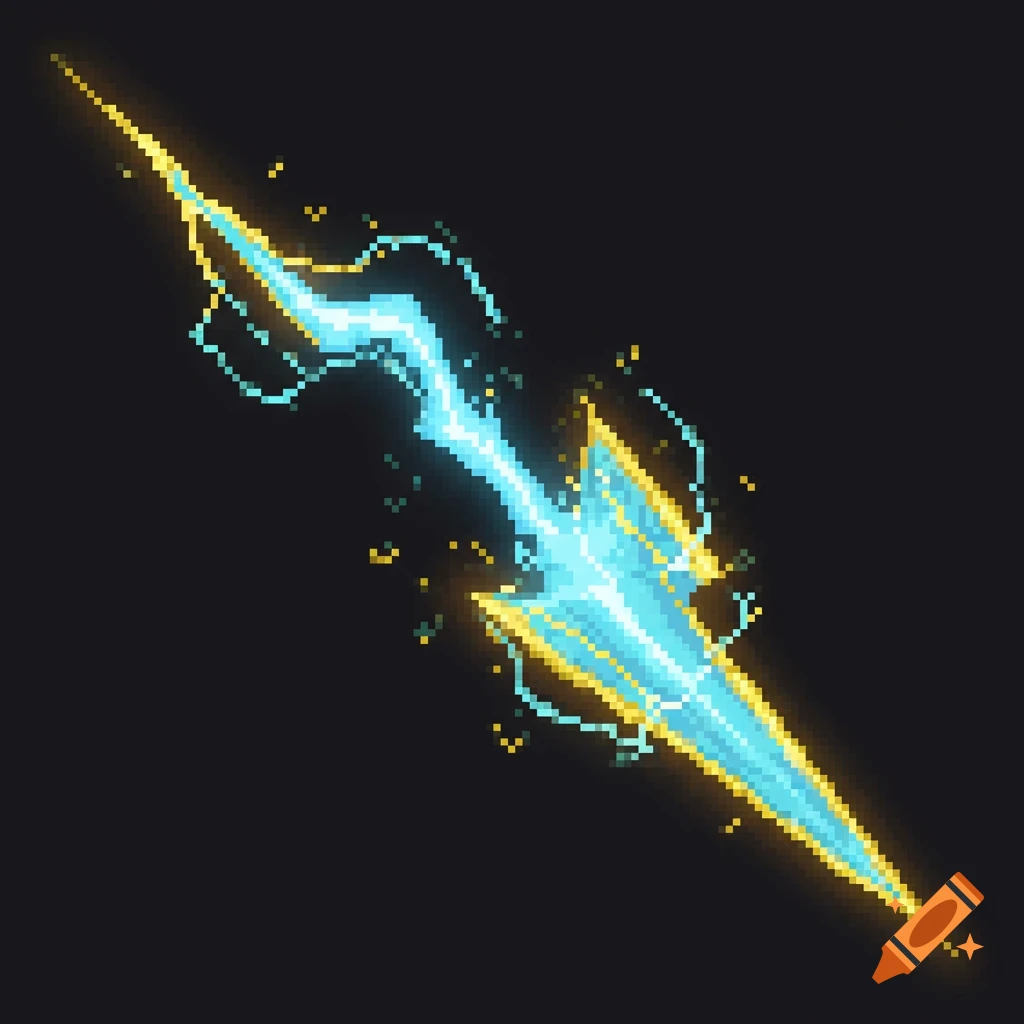 A pixel art illustration of a glowing blue and yellow lightning bolt or energy spear against a dark background.