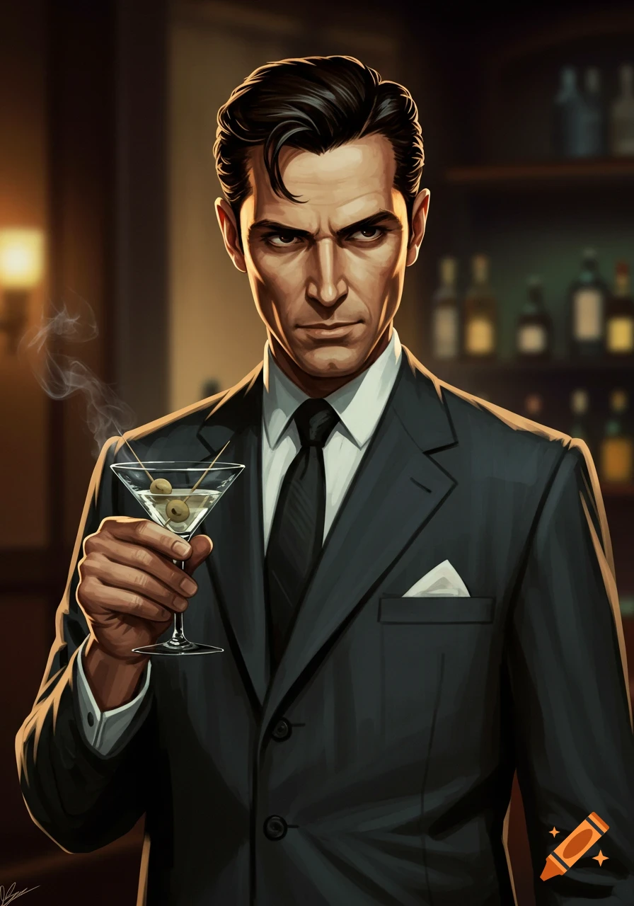 A stern man in a dark suit holds a martini glass, in a stylized retro illustration.
