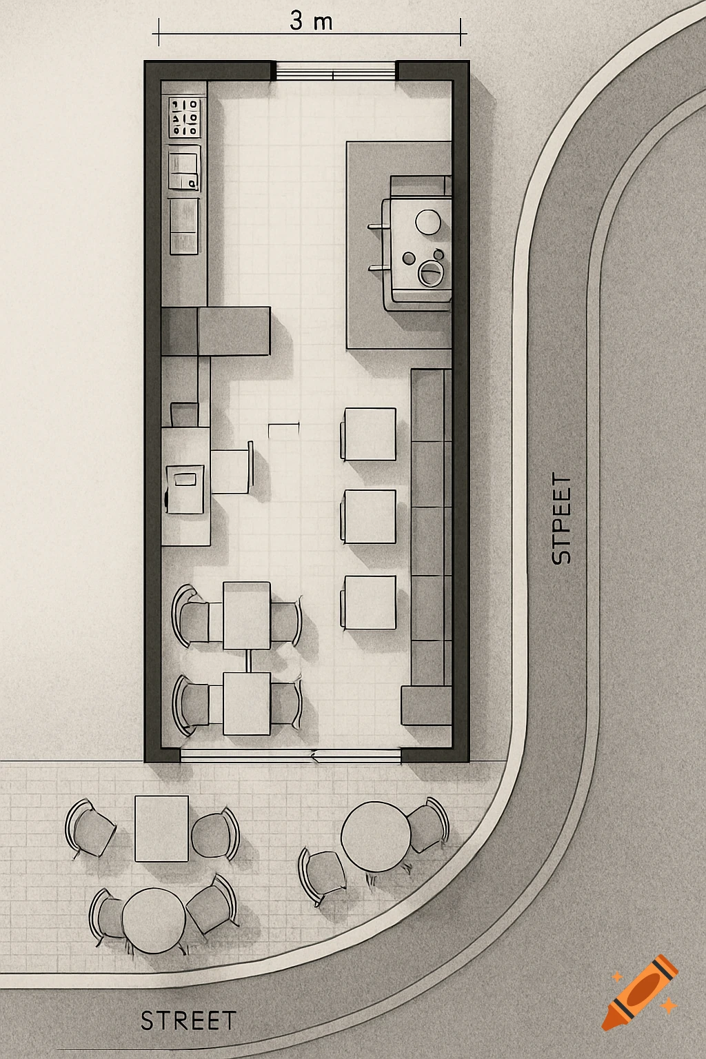 A detailed top-down architectural floor plan rendering of a modern cafe, showing an interior layout with kitchen, counters, seating, and a long banquette. Outdoor street seating curves around a sharp 90-degree road corner.
