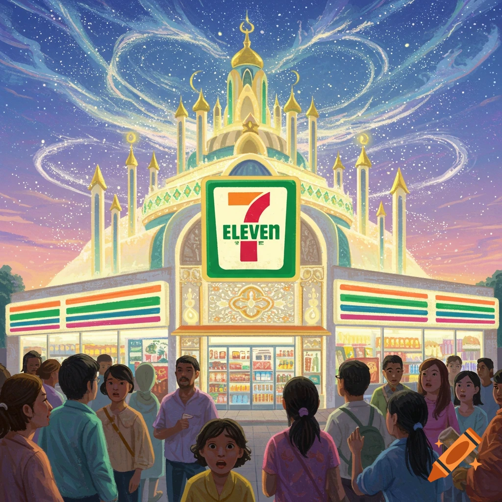 A crowd of people gathers before a fantastical 7-Eleven store blended with mosque architecture, under a starry, swirling sky.