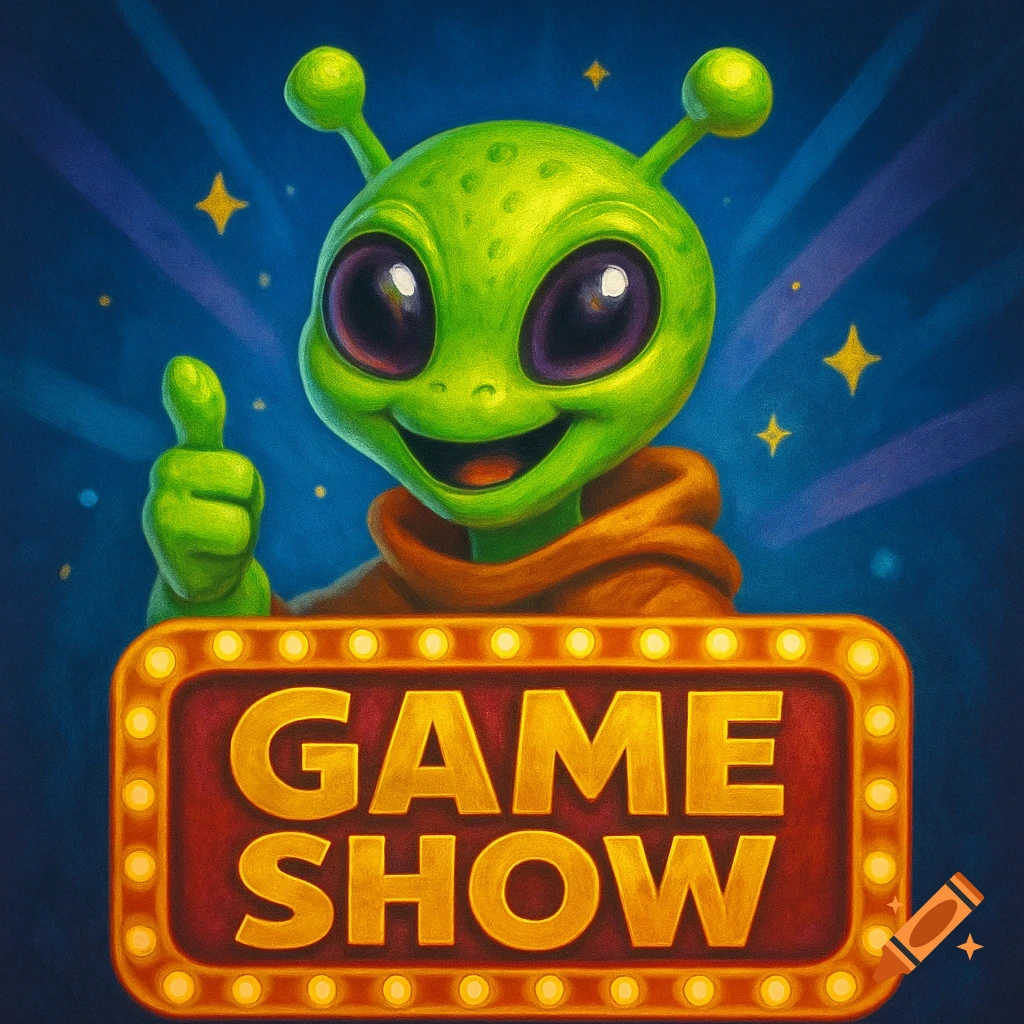 A friendly green alien character giving a thumbs-up behind a bright red and gold 'GAME SHOW' sign with lights, against a blue starry background.