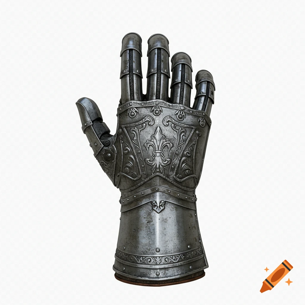 High-detail medieval metal gauntlet with ornate engravings, pointing with index finger, on a white background.
