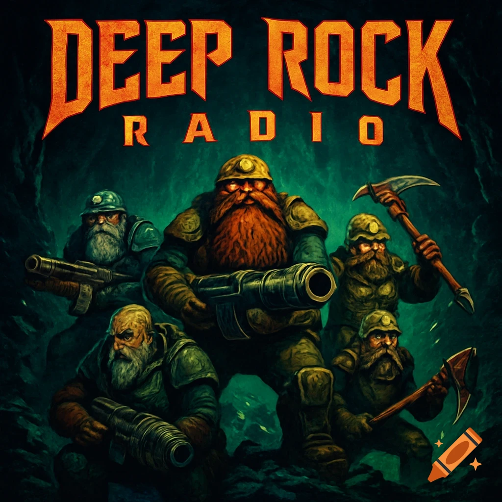An album cover featuring five heavily armed dwarves in a dark cave, with the text 'DEEP ROCK RADIO' above.